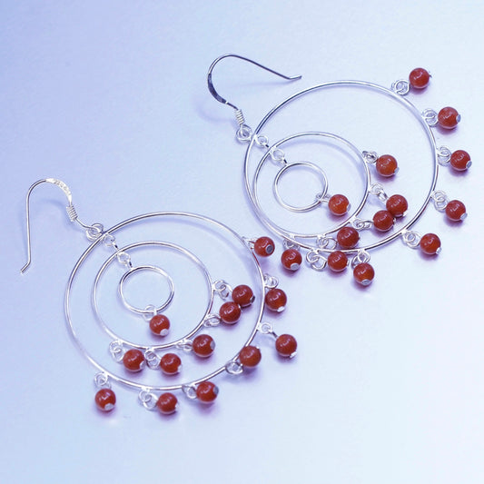 Vintage Sterling 925 silver handmade multi circle earrings with carnelian beads