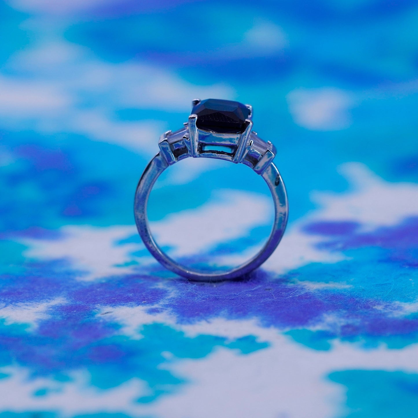 Size 8.25, vintage Sterling 925 silver handmade ring with sapphire and crystal