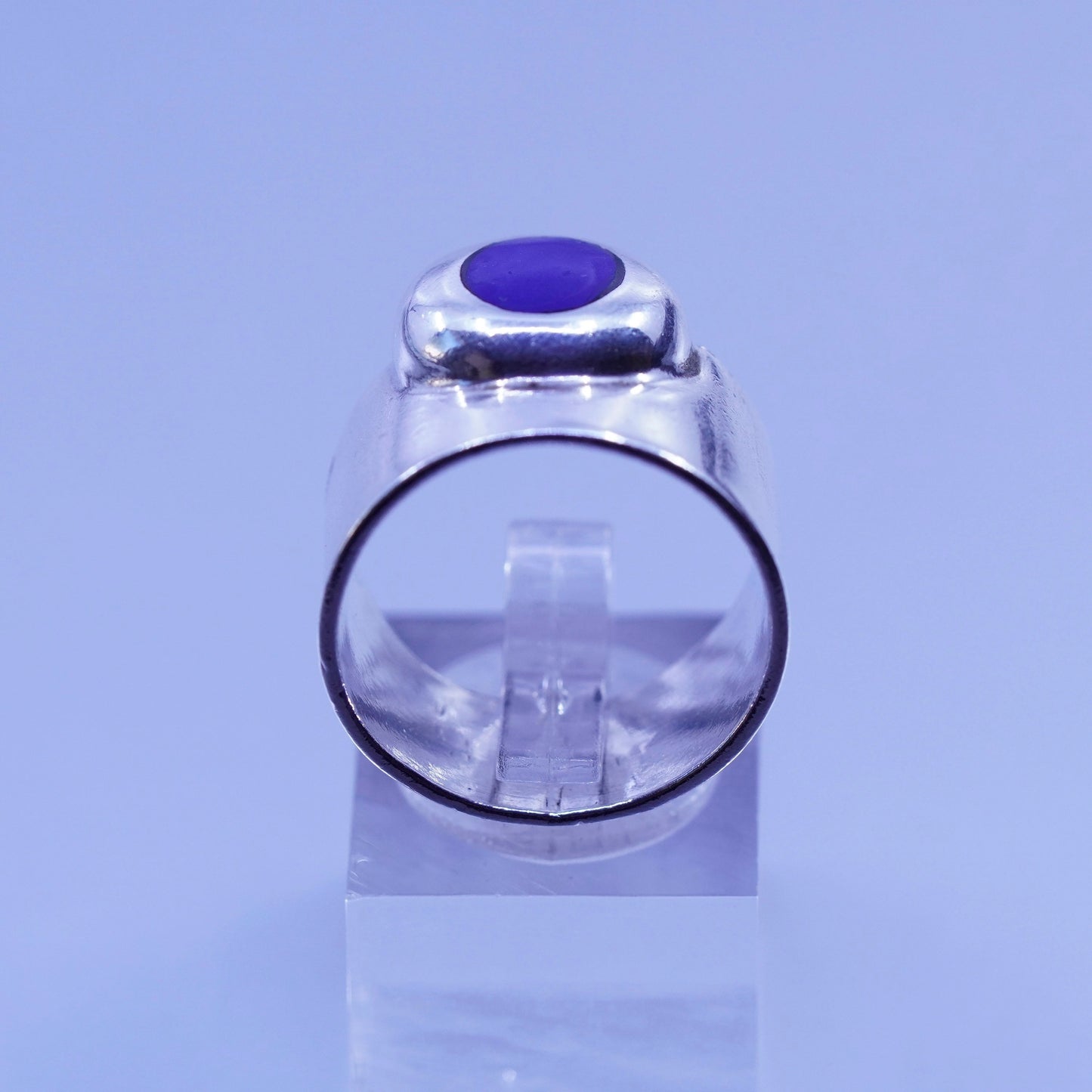 Size 6.75, vintage Mexico Sterling 925 silver handmade wide ring with blue onyx