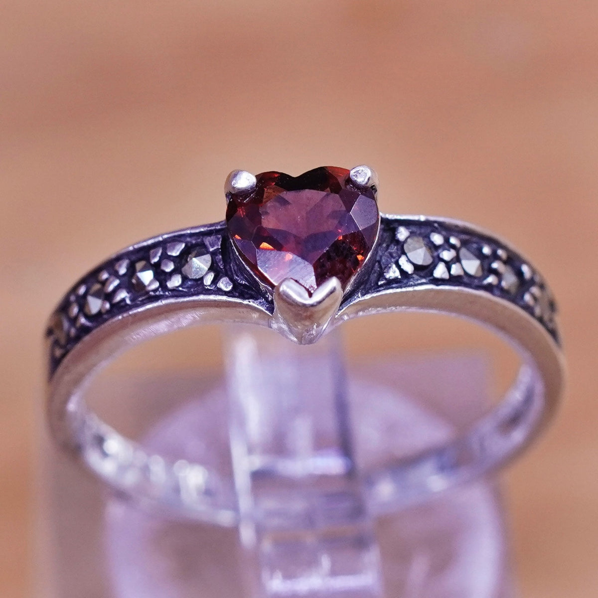 Size 8.5, Sterling 925 silver handmade statement ring heart ruby marcasite
