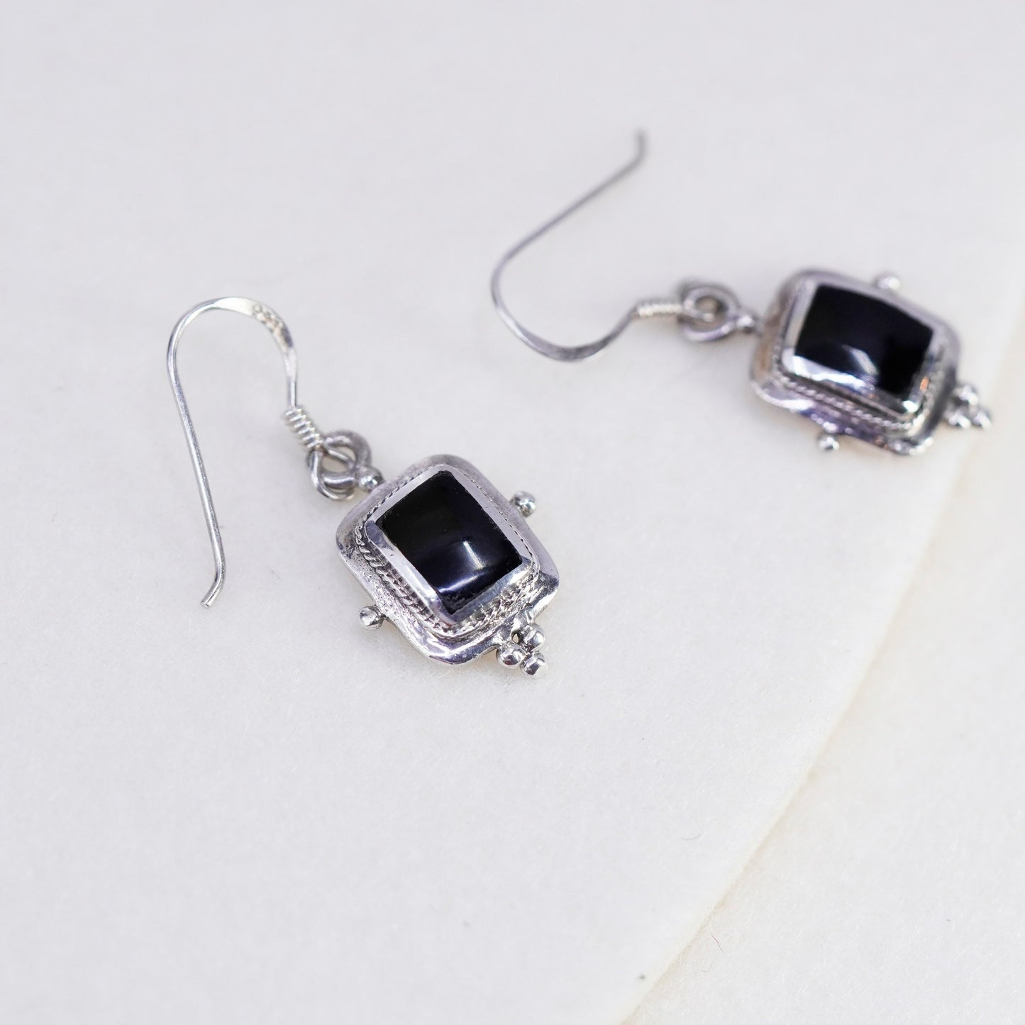 Vintage Sterling 925 silver handmade rectangular earrings with obsidian