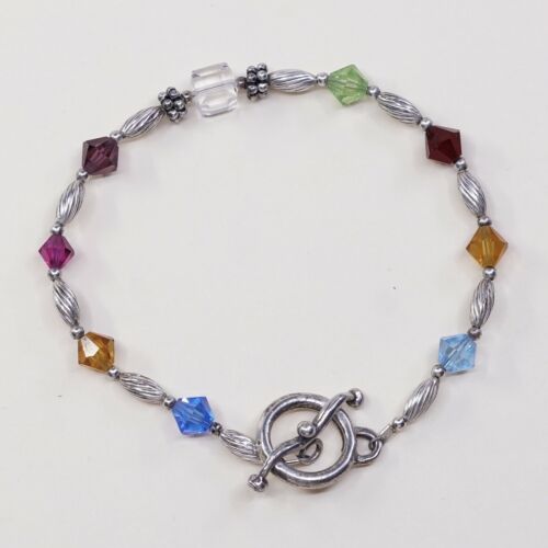 6.5”, Vtg Sterling Silver Handmade Bracelet, 925 Silver Toggle W/ Crystal Beads