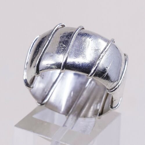 Size 7.25, Vtg Sterling Silver Handmade Ring 925 Wide Band w/ Cable Around