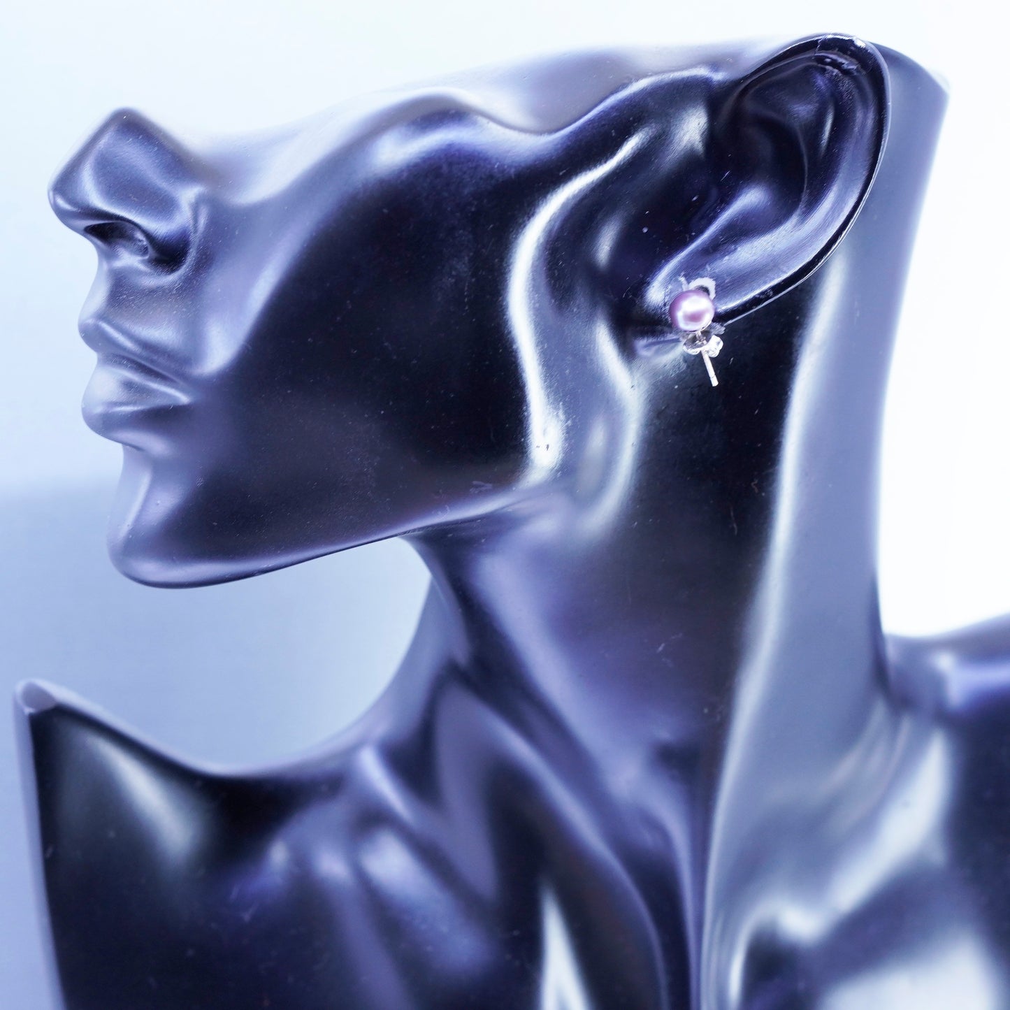 6mm, Vintage Sterling 925 silver handmade earrings, studs with black pearl