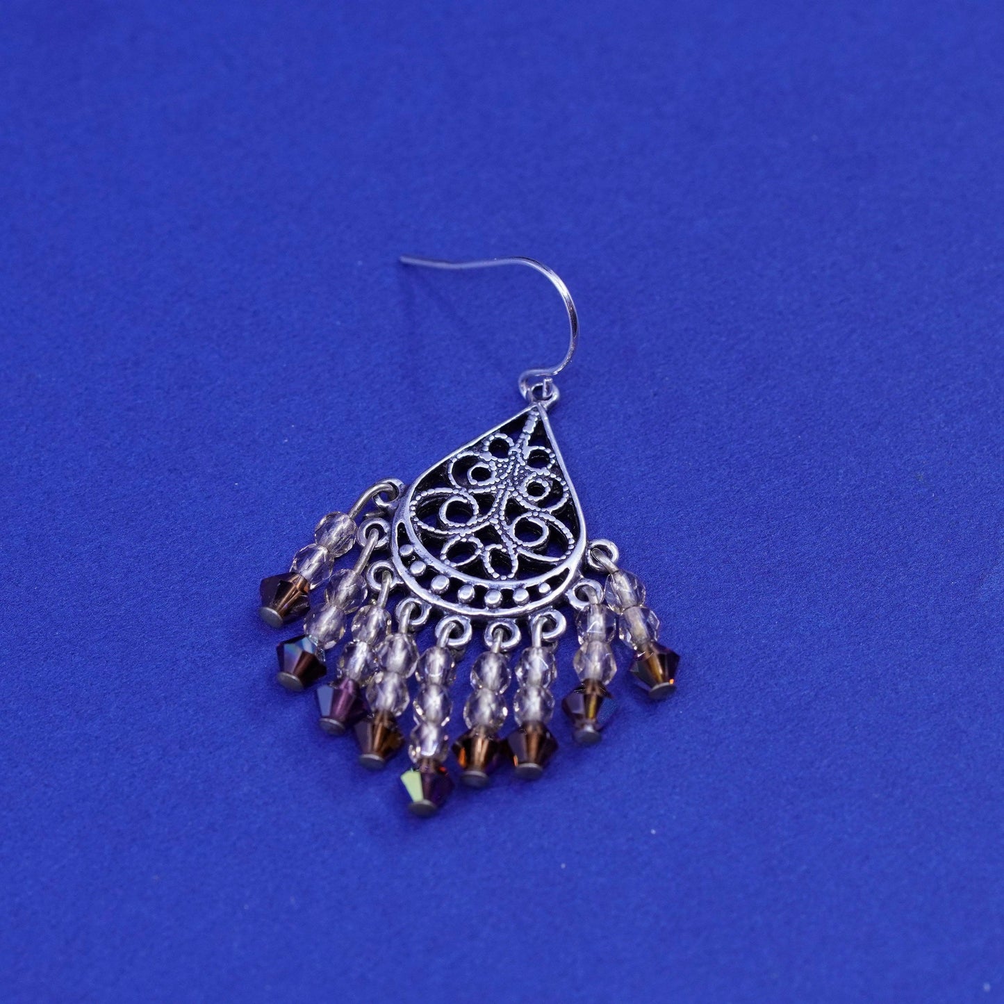 Sterling silver handmade earrings, 925 filigree teardrop disk cluster crystal