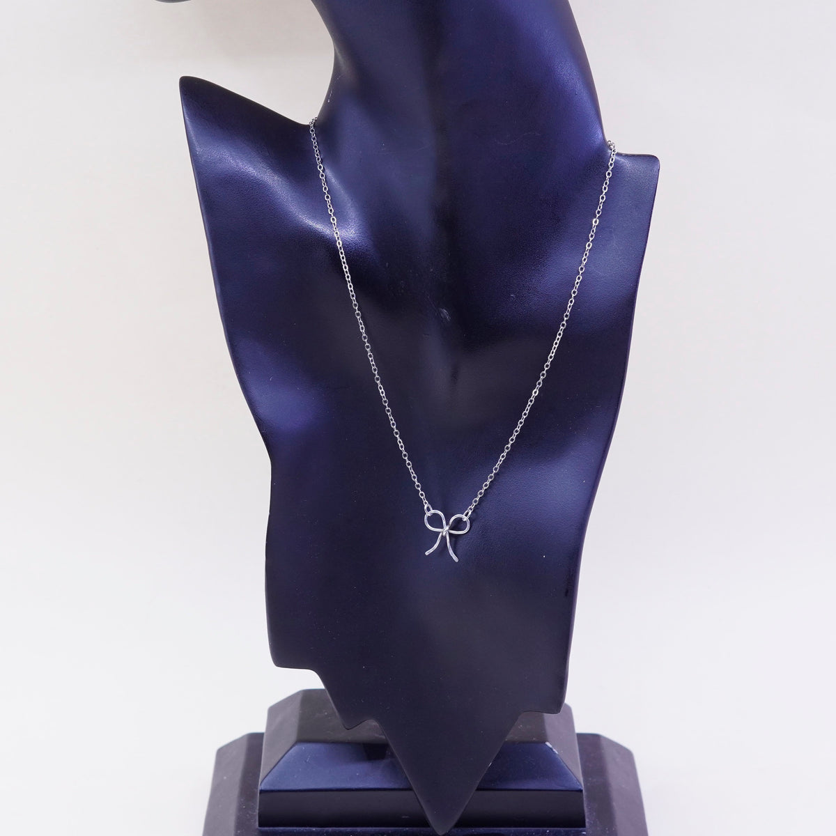 16”, sterling 925 silver handmade necklace, circle chain ribbon bow pendant