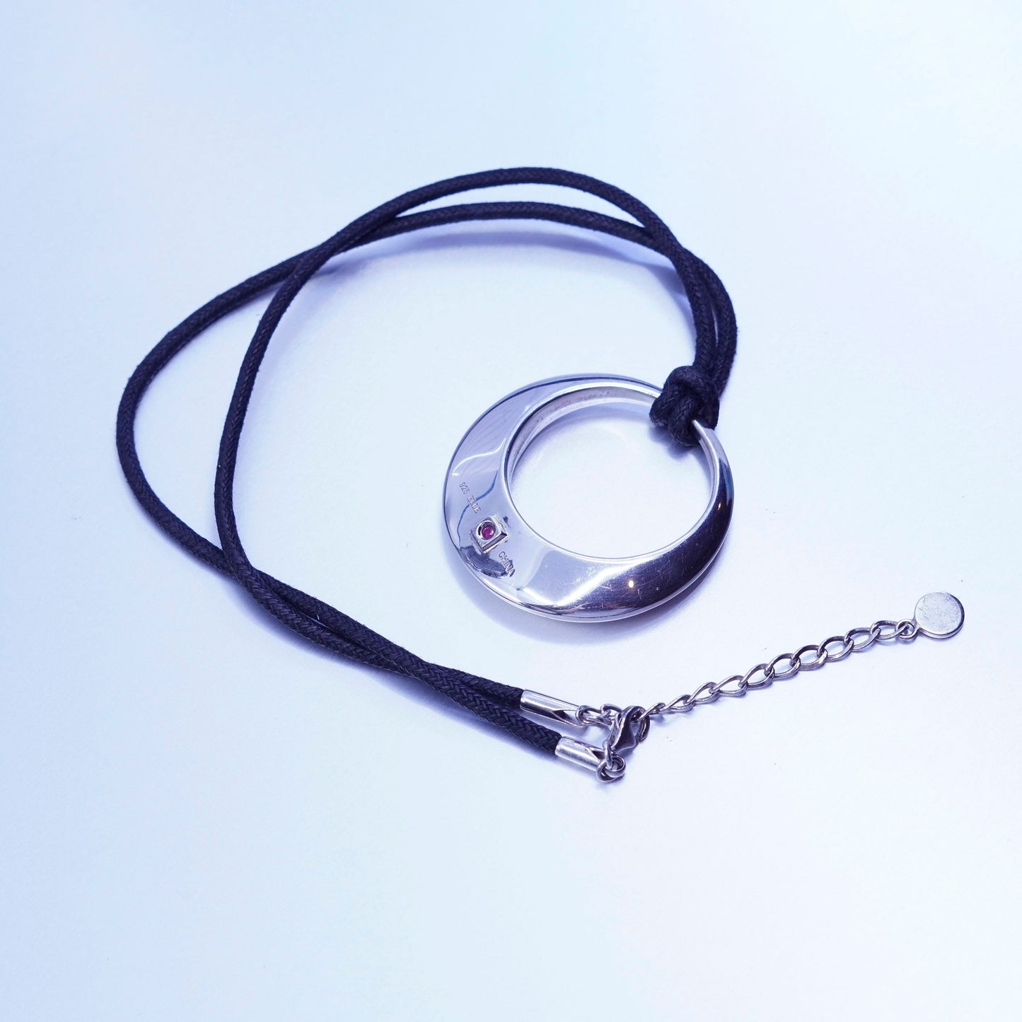 18+2”, designer Elle modern necklace sterling 925 silver circle pendant linen