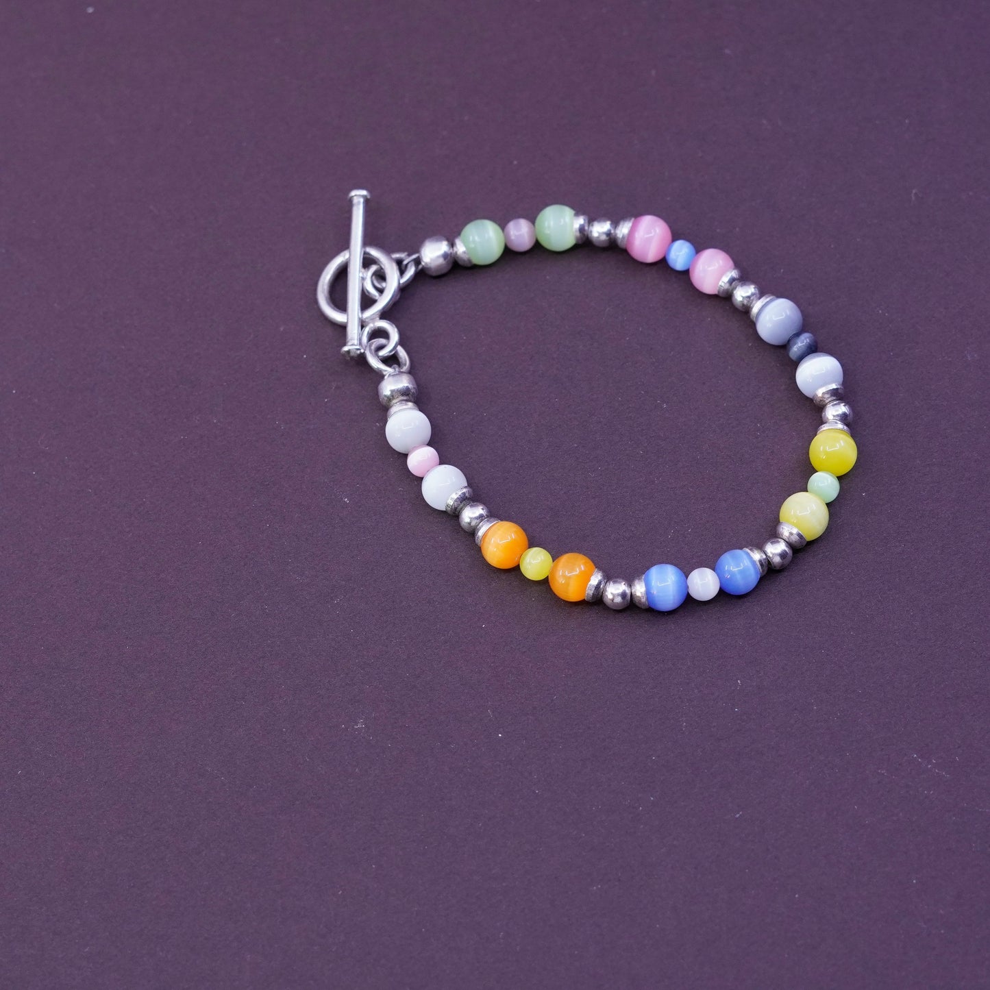6.75”, Sterling 925 silver handmade bracelet, with colorful cat eyes beads