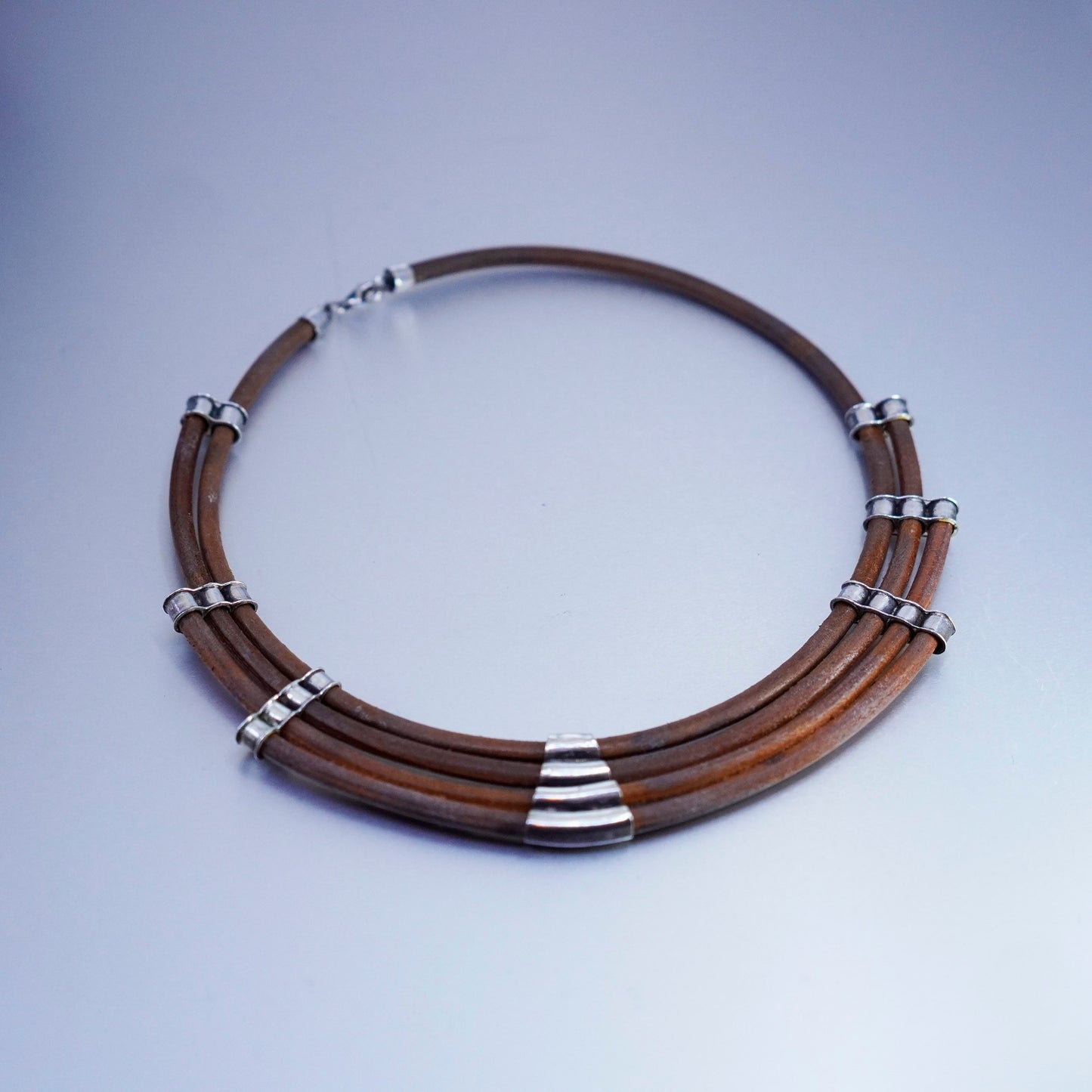 16”, Sterling Silver Multi Strand brown Leather Necklace Slide 925 Pendant