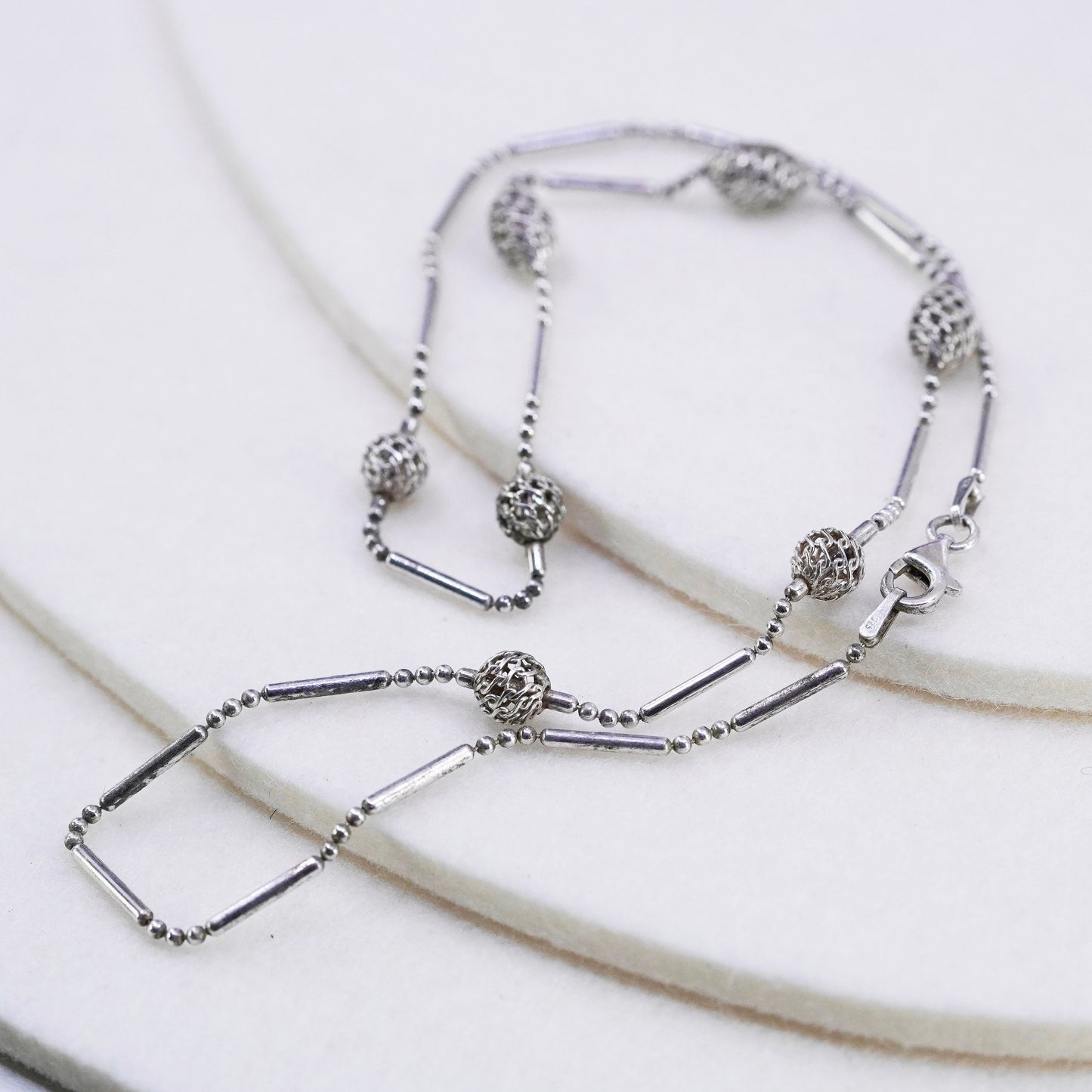 18” 1mm, vintage Italy Sterling 925 silver bar chain necklace w/ filigree beads