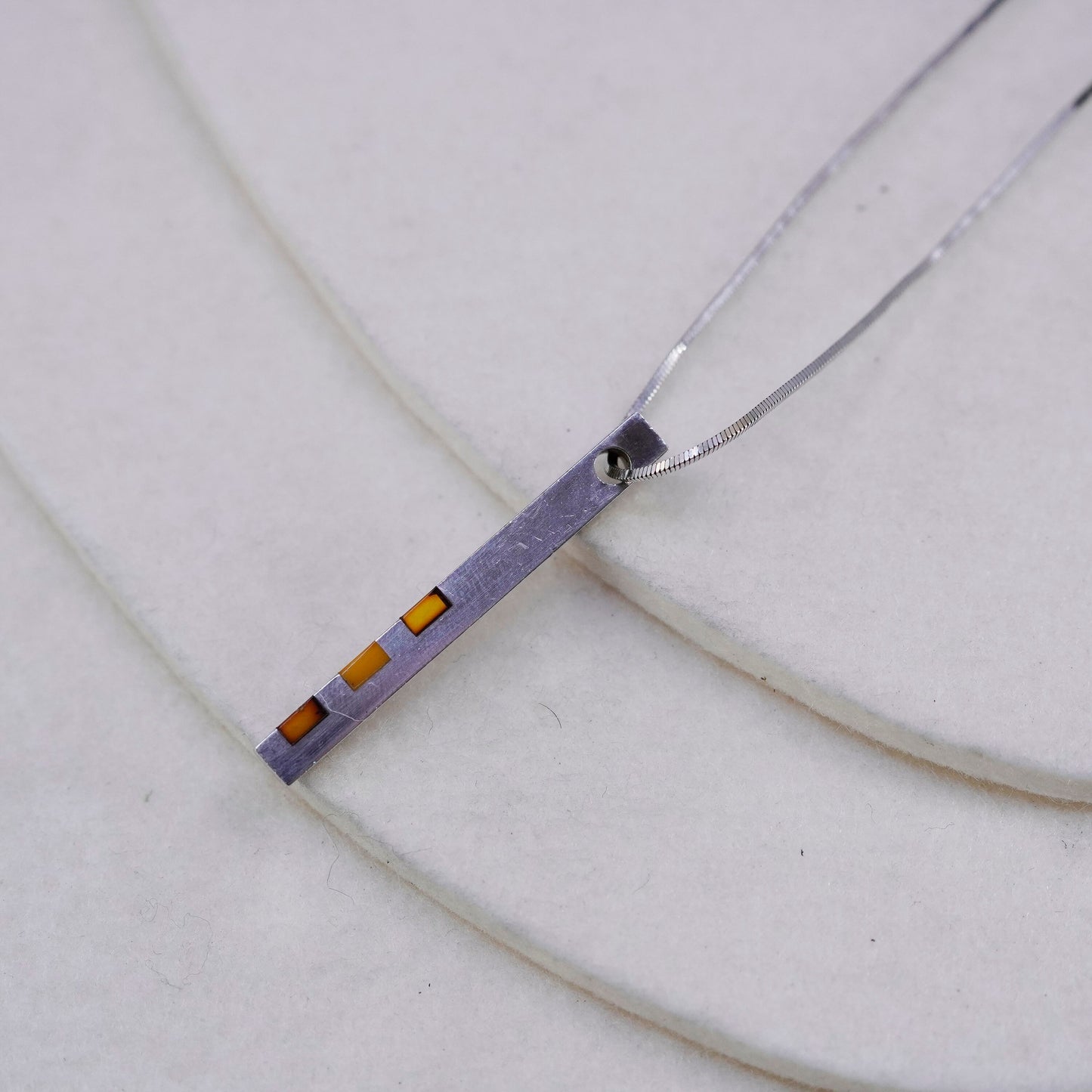 18”, vintage Sterling silver necklace, 925 snake chain with bar pendant amber