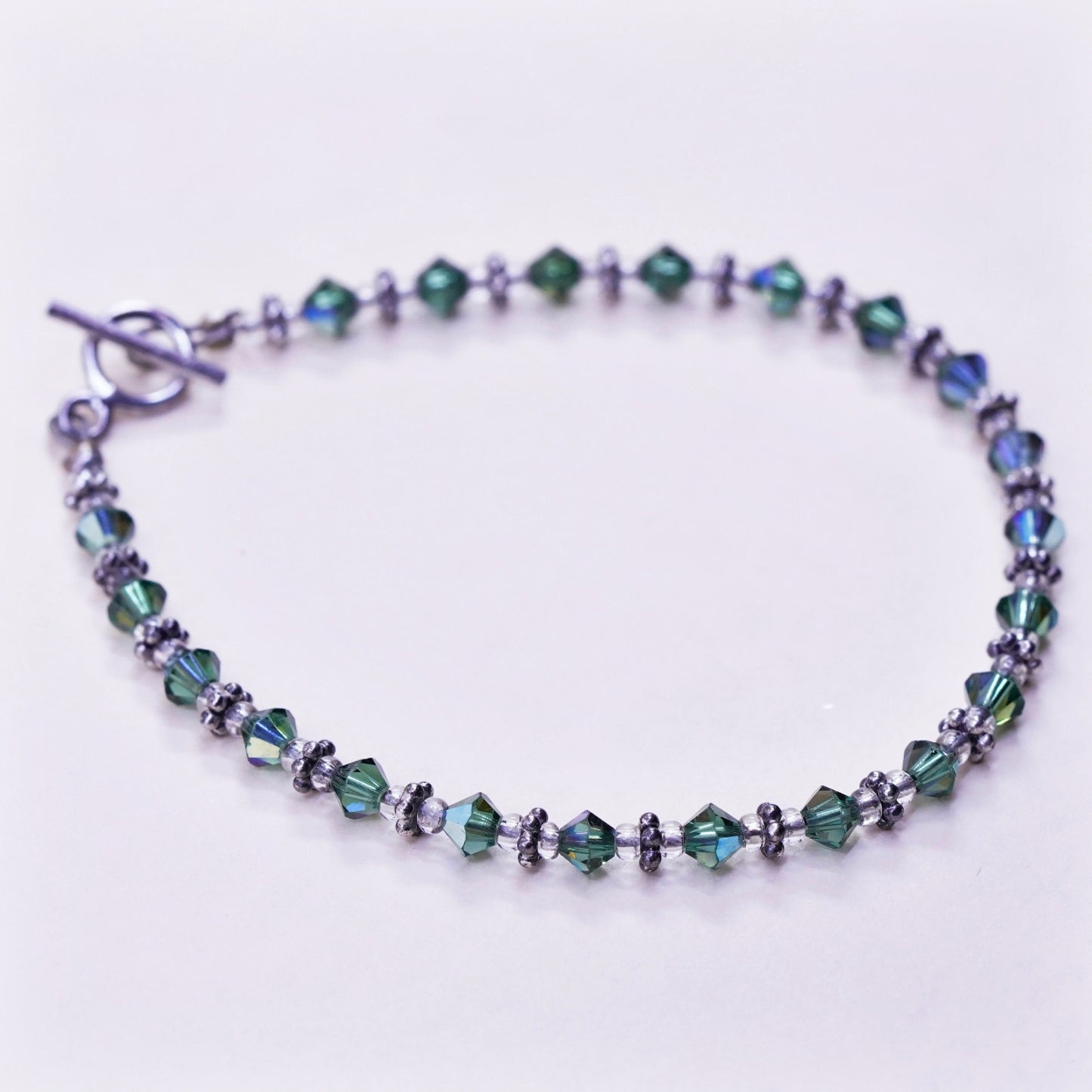 7”, vintage Sterling silver handmade bracelet, 925 beads green crystal beads