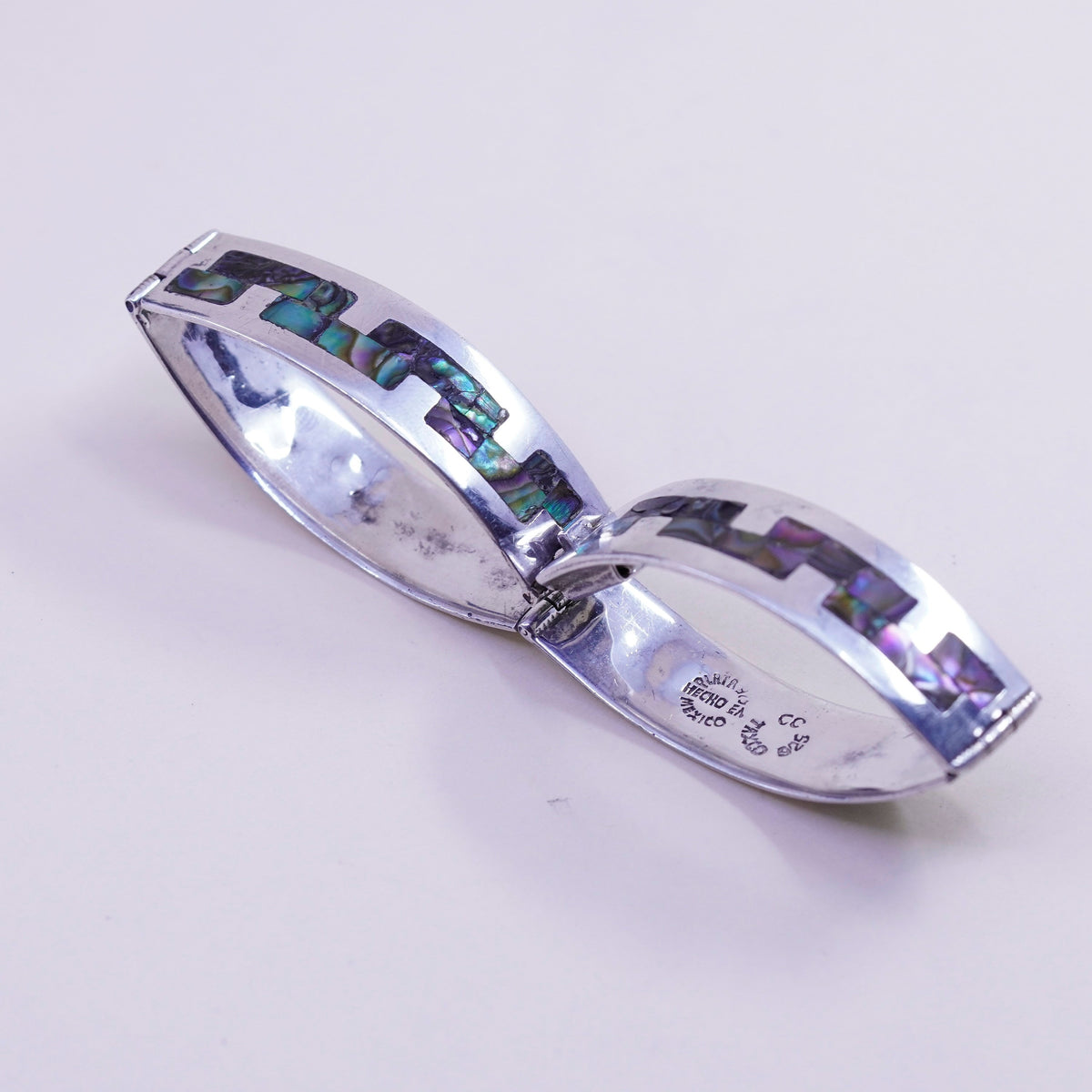 7”, vintage sterling silver handmade bracelet, 925 bar bangle with abalone