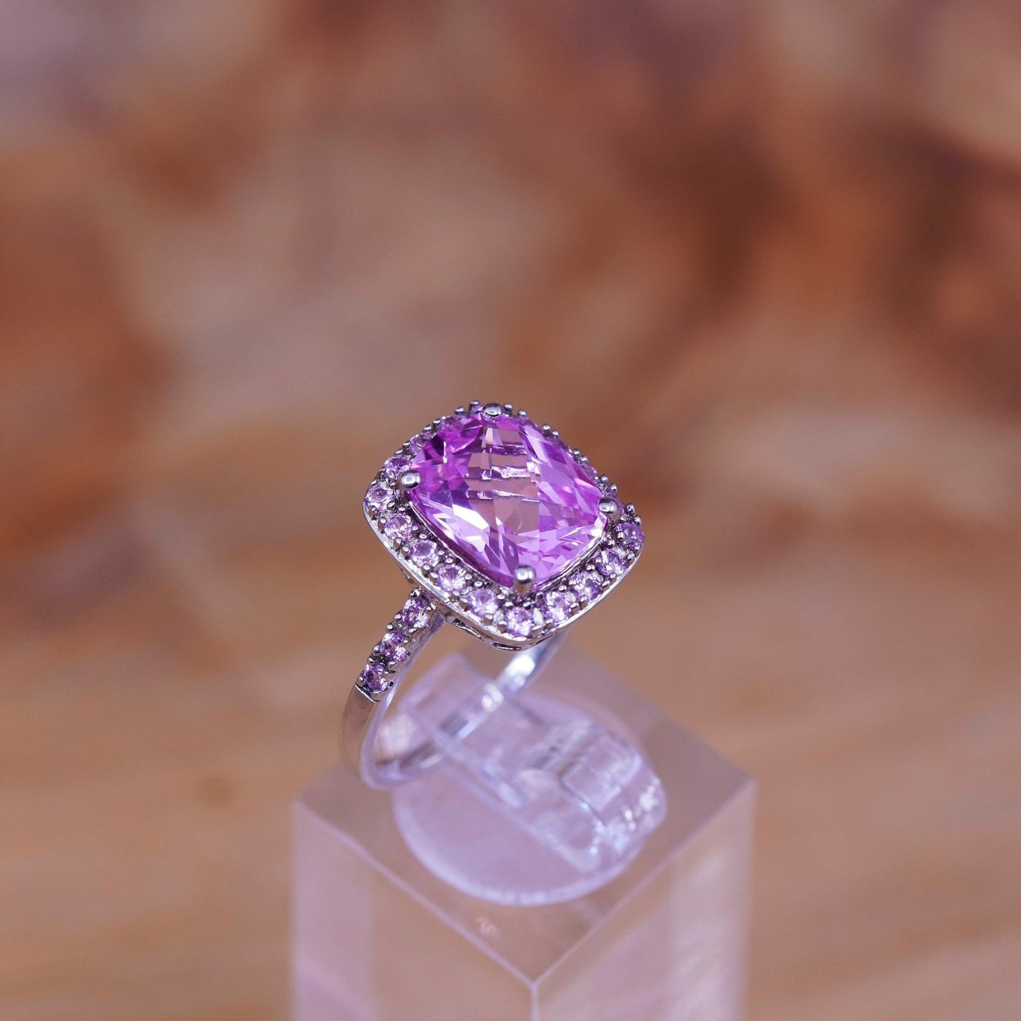Size 8.5, vintage Sterling 925 silver handmade cocktail ring with pink crystal