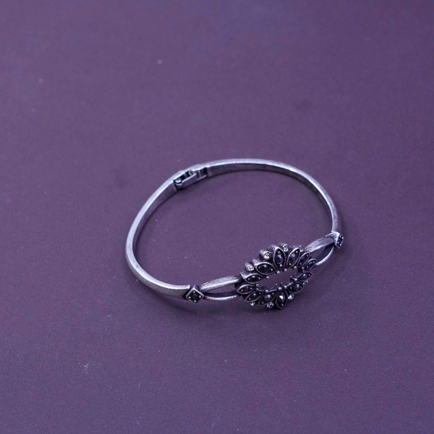 6.75”, sterling silver bracelet, 925 bangle w/ flower latch and Marcasite