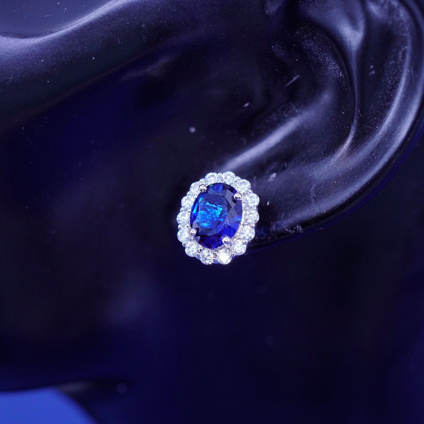 Vintage sterling silver handmade earrings, 925 studs w/ cluster Cz and sapphire