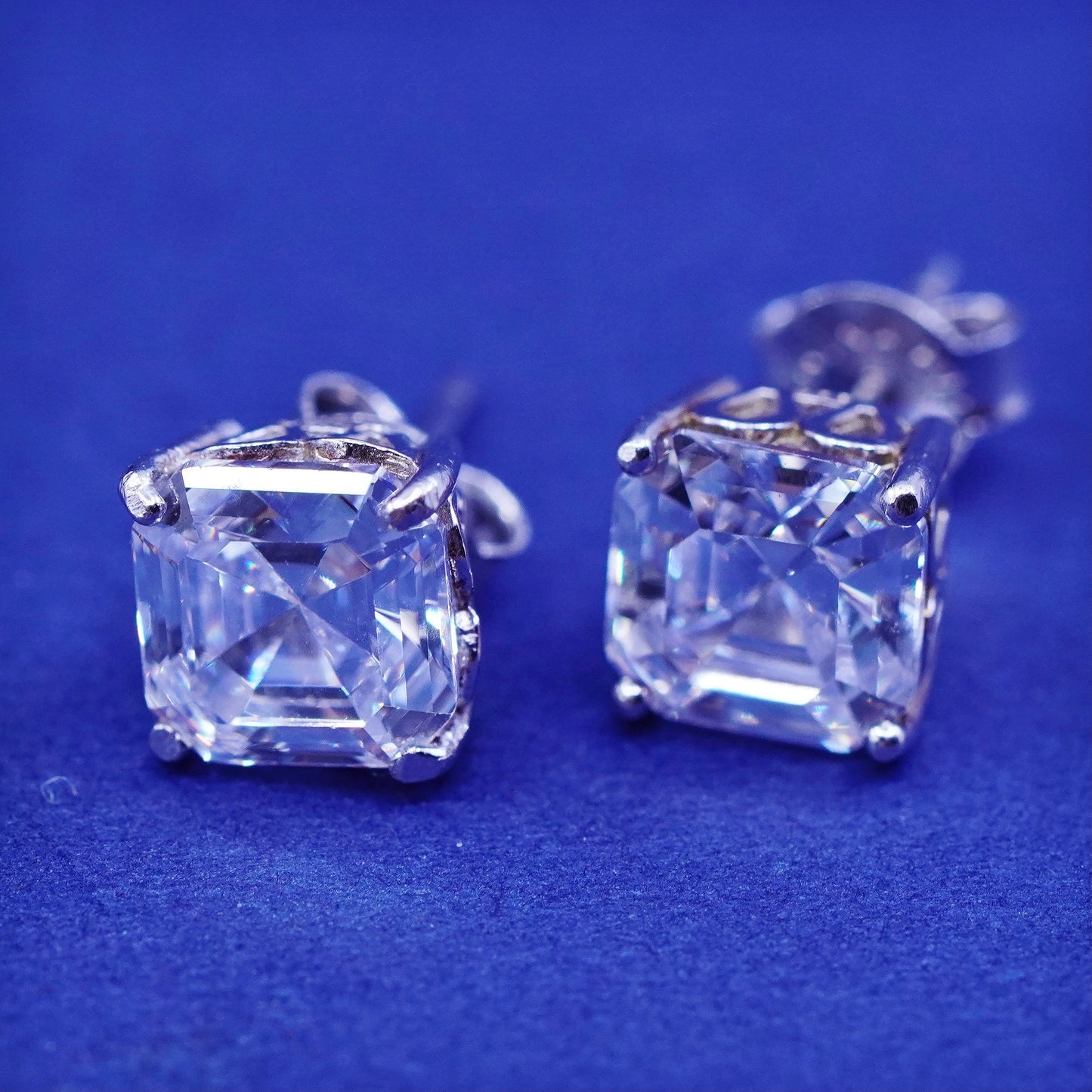 8mm, Vintage sterling silver handmade earrings, square 925 silver studs with CZ