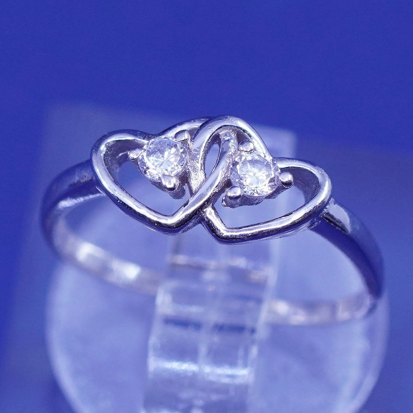 Size adjustable, vintage sterling silver handmade ring, 925 double heart band