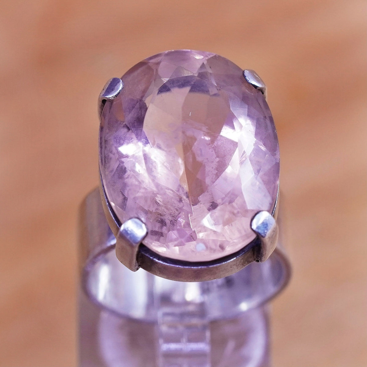 Size 8.25, vintage Sterling 925 silver handmade statement ring with pink quartz