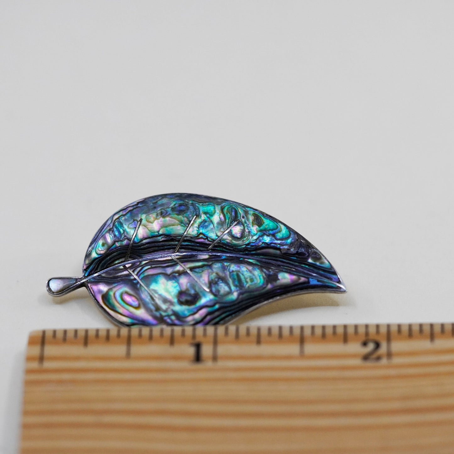 Antique Sterling silver handmade brooch, 925 leaf pin with abalone inlay