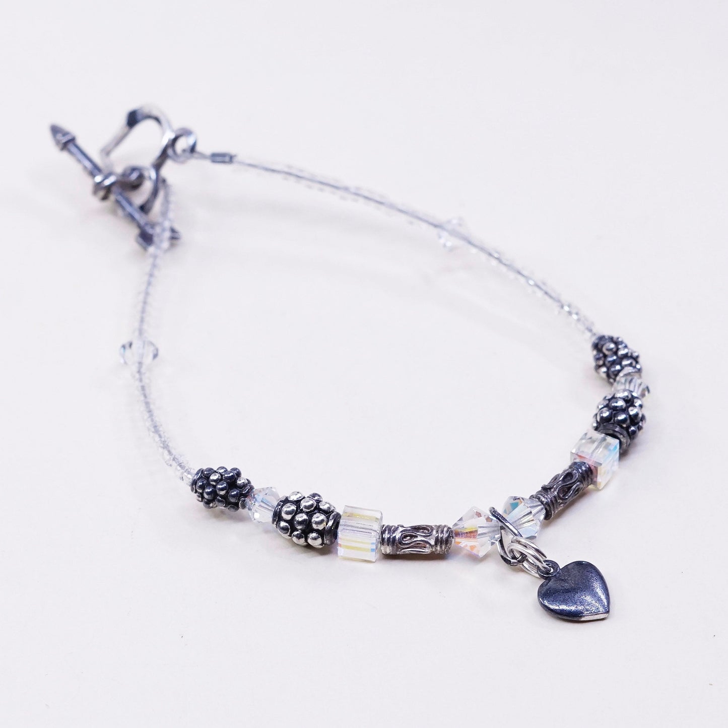 6.25”, Sterling silver handmade bracelet, 925 heart charm with clear crystal