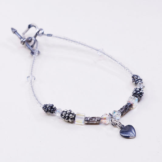 6.25”, Sterling silver handmade bracelet, 925 heart charm with clear crystal