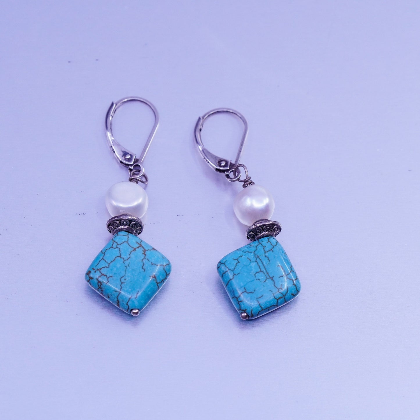 Vintage Sterling 925 silver handmade earrings with square turquoise and pearl