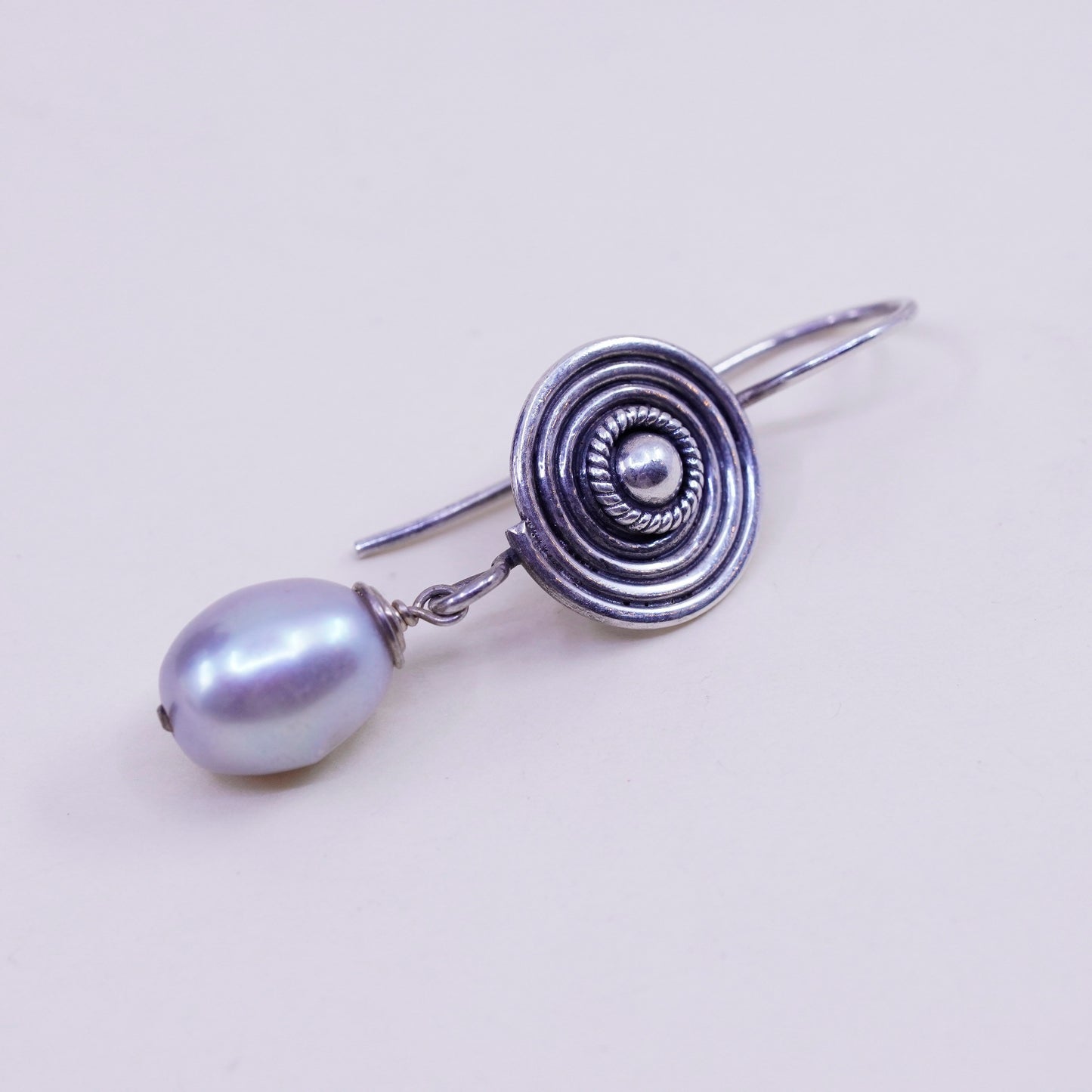 Vintage Sterling silver handmade earrings, 925 swirly dangles with pearl