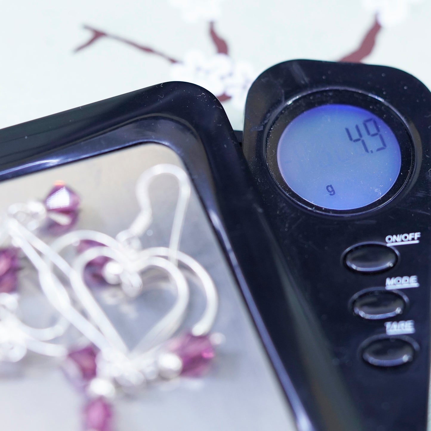 Vintage sterling silver handmade earrings, 925 heart with purple crystal