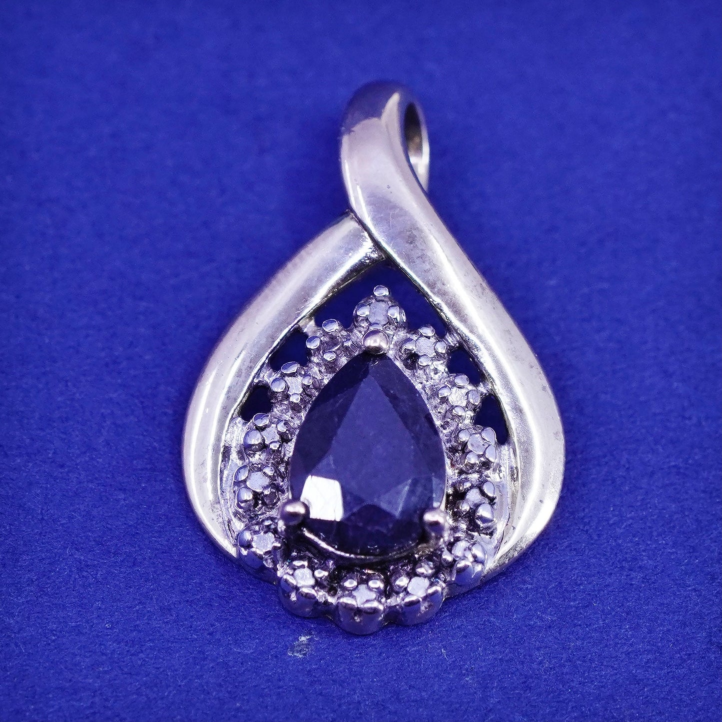 Vintage vermeil gold Sterling silver pedant, 925 teardrop with sapphire diamond