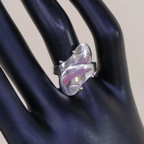 Sz 7, Vtg Sterling Silver Handmade Ring, 925 Silver Band W/ Enamel inlay
