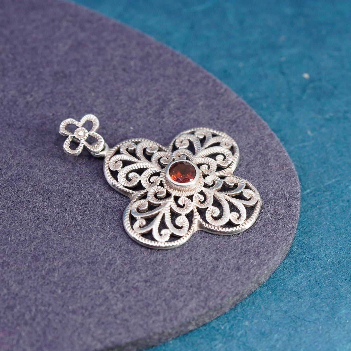 Vintage Sterling silver handmade pendant, 925 filigree lucky clover with ruby