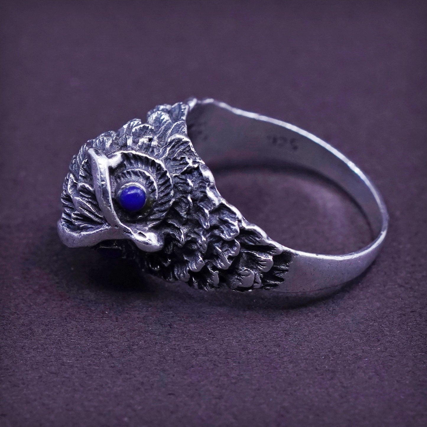 sz 6.25, vtg Sterling 925 silver handmade statement owl band ring w/ lapis