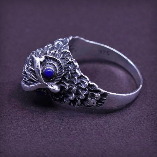 sz 6.25, vtg Sterling 925 silver handmade statement owl band ring w/ lapis