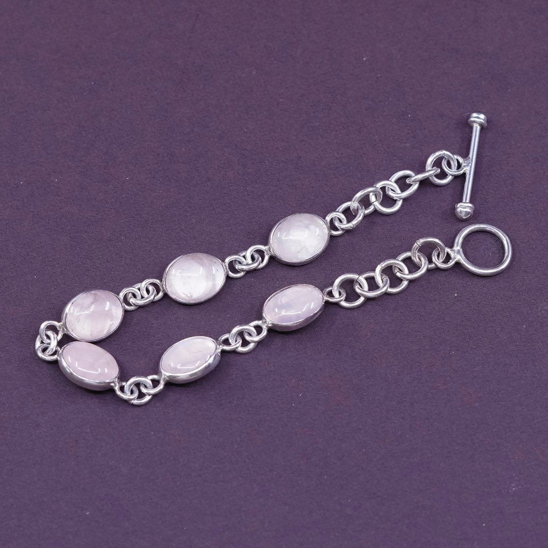 5.5”, vtg Sterling silver handmade bracelet, Mexico 950 w/ pink quartz n toggle