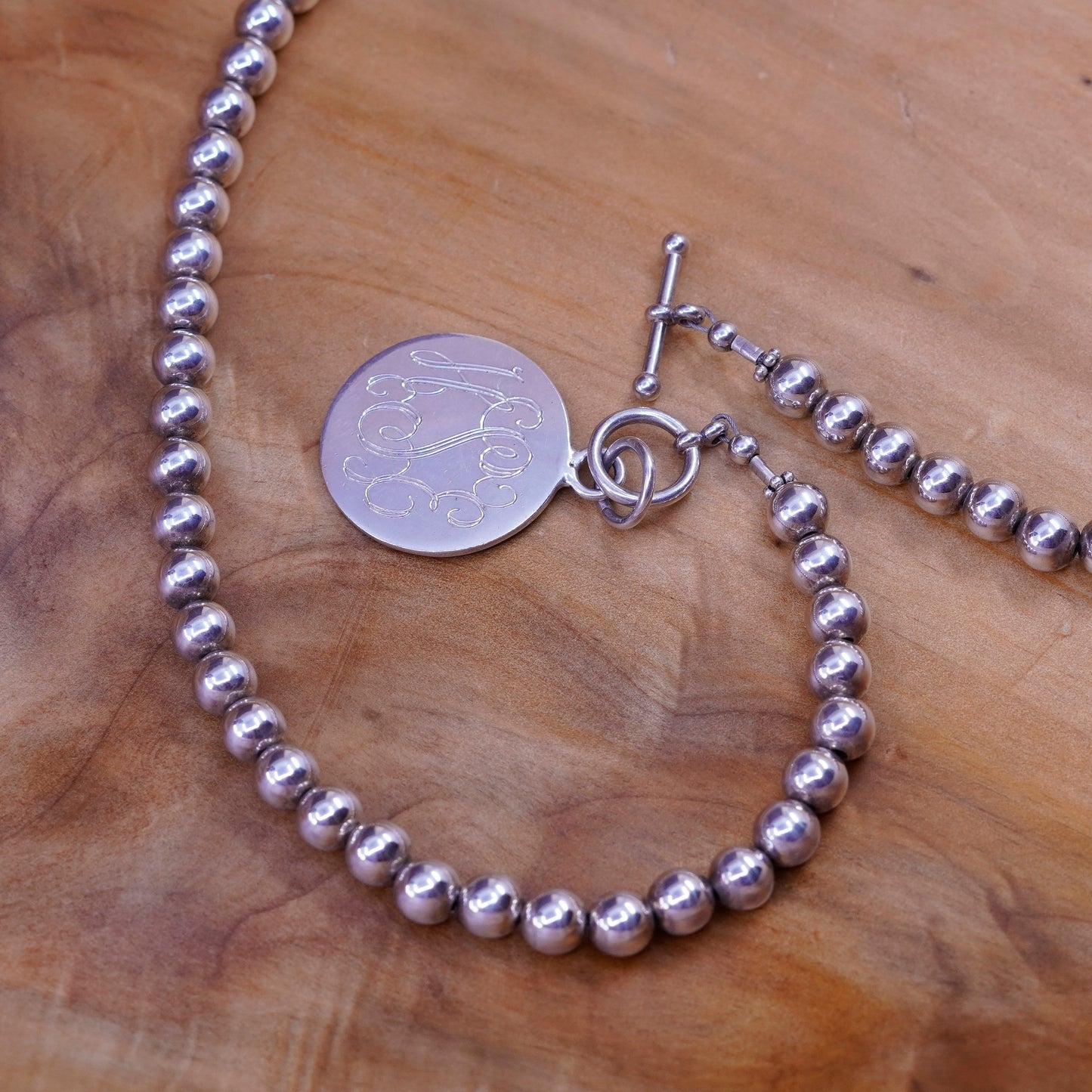 18”, Sterling silver necklace, 925 bead chain with tag monogram ”HSE” pendant