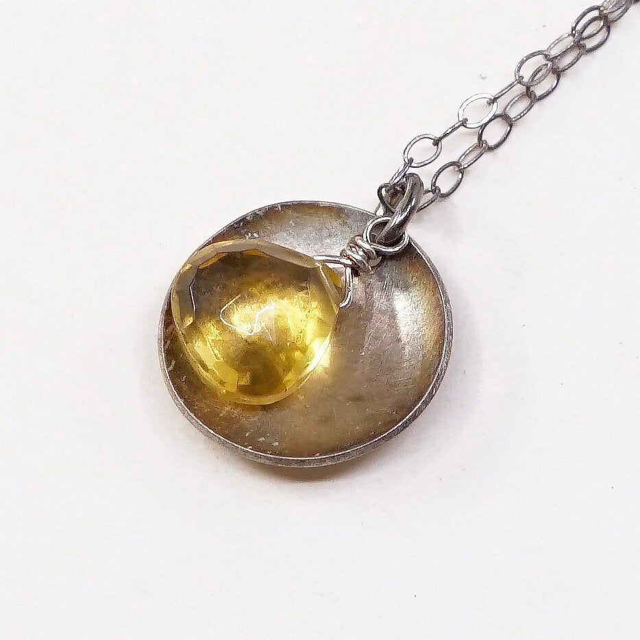 18", VTG Sterling silver handmade necklace, 925 circle chain w/ cushion citrine