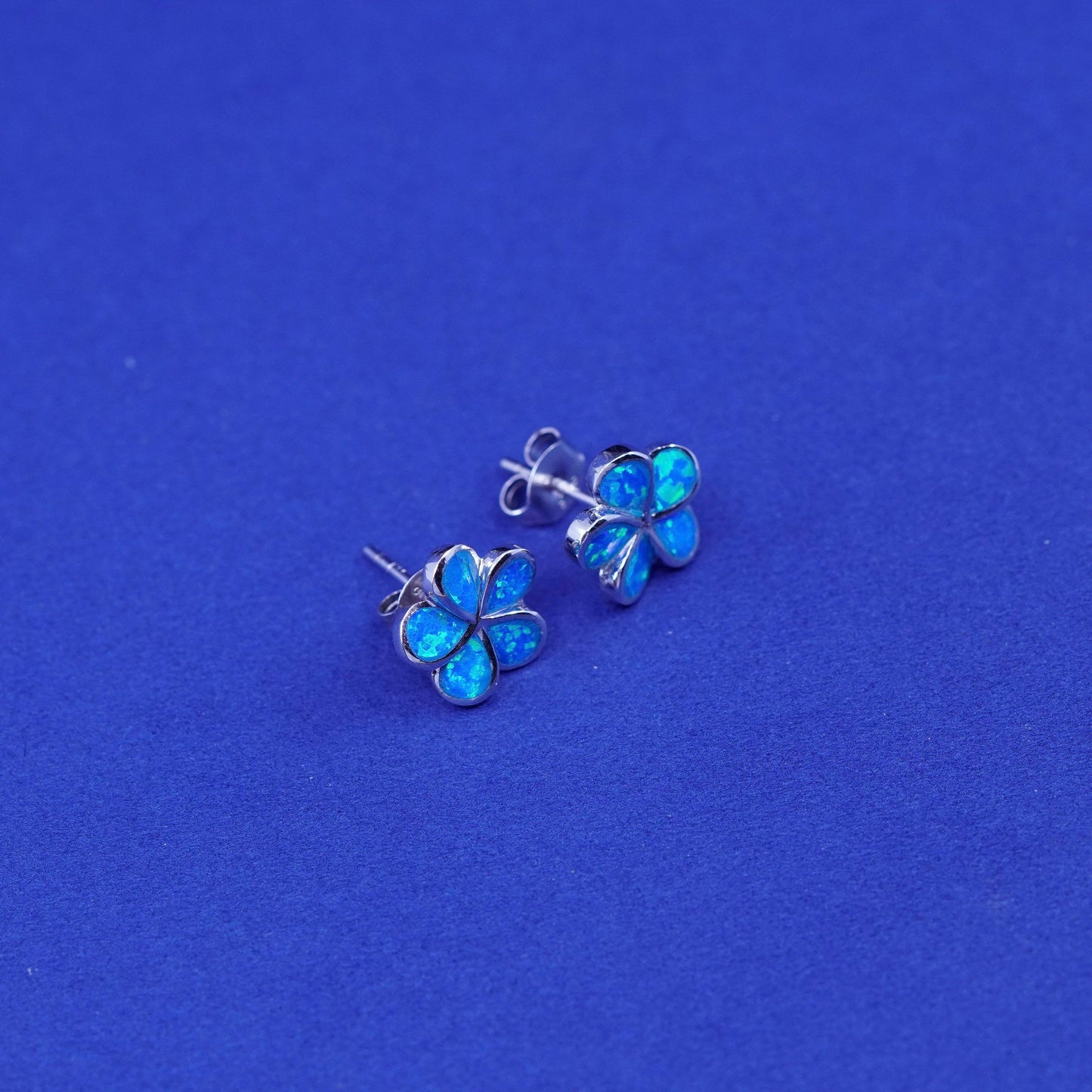 Vintage sterling silver handmade earrings, 925 flower studs with opal
