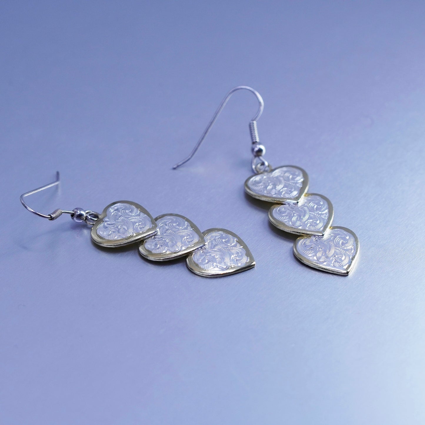 Vintage two tone Sterling 925 silver handmade earrings with textured hearts