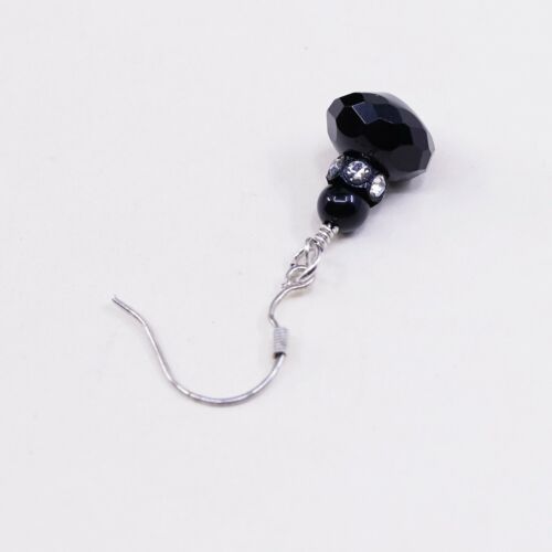 Vintage Sterling Silver Handmade Earrings, 925 Dangles W/ Obsidian N Cz