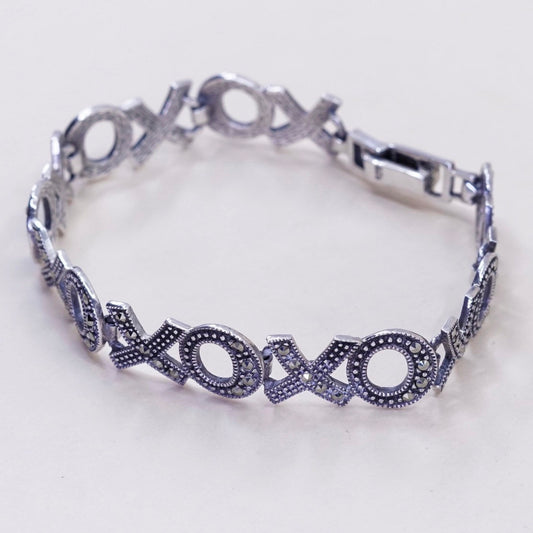 7.5”, vintage Sterling Silver Handmade Bracelet, 925 XOXO with marcasite