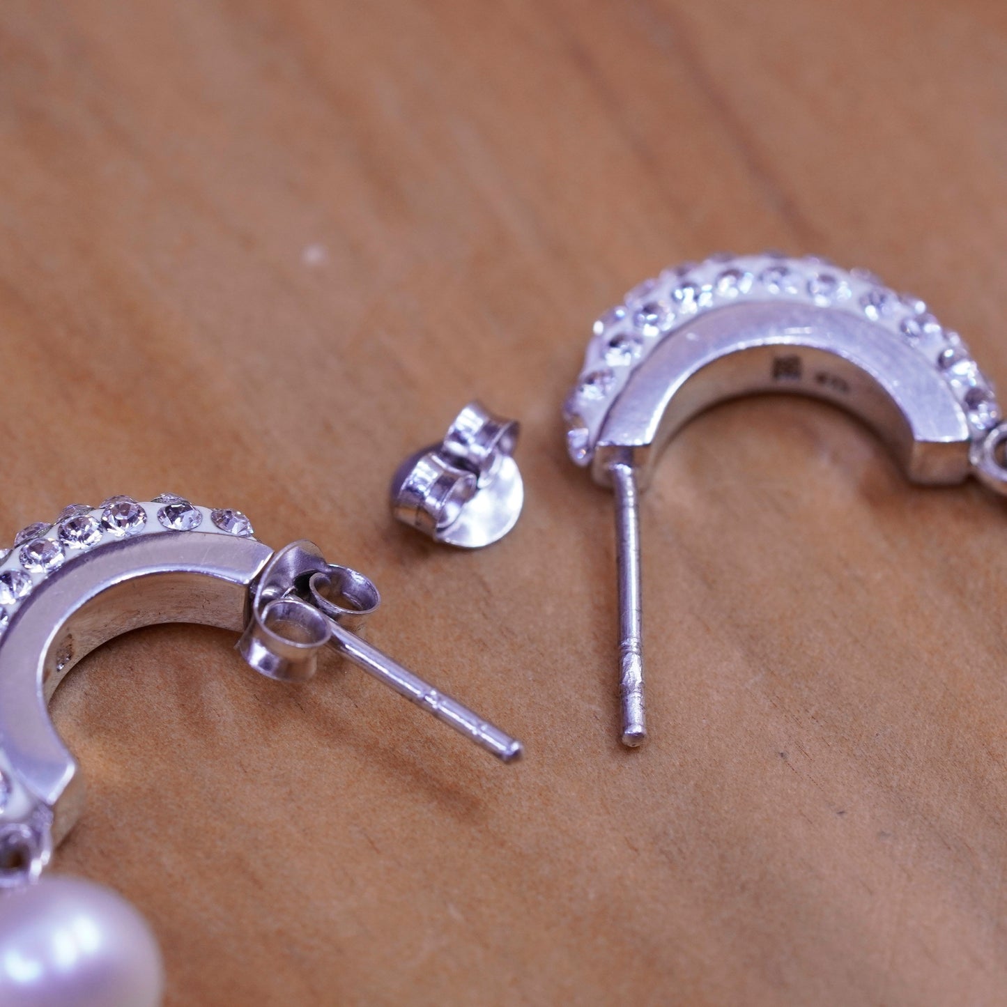 Vintage Sterling silver handmade earrings, 925 Huggie hoops cluster cz pearl