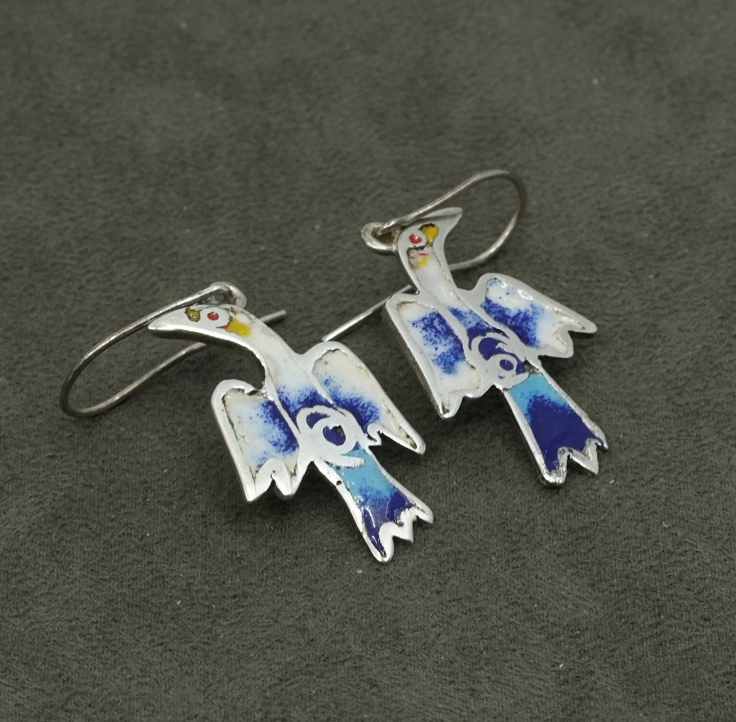 vtg Sarah sterling silver handmade earrings, 925 w/ colorful enamel bird