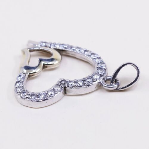 Vintage Thailand Sterling 925 Silver Double Heart Pendant W/ Cz Around