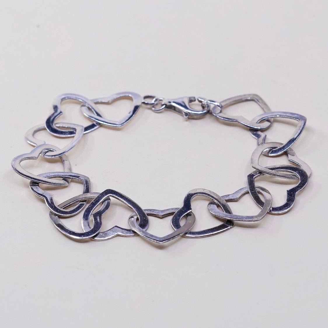 6.5”, VTG sterling silver handmade heart bracelet, 925 chain