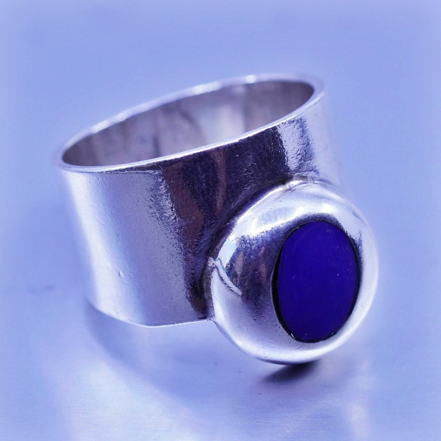 Size 6.75, vintage Mexico Sterling 925 silver handmade wide ring with blue onyx