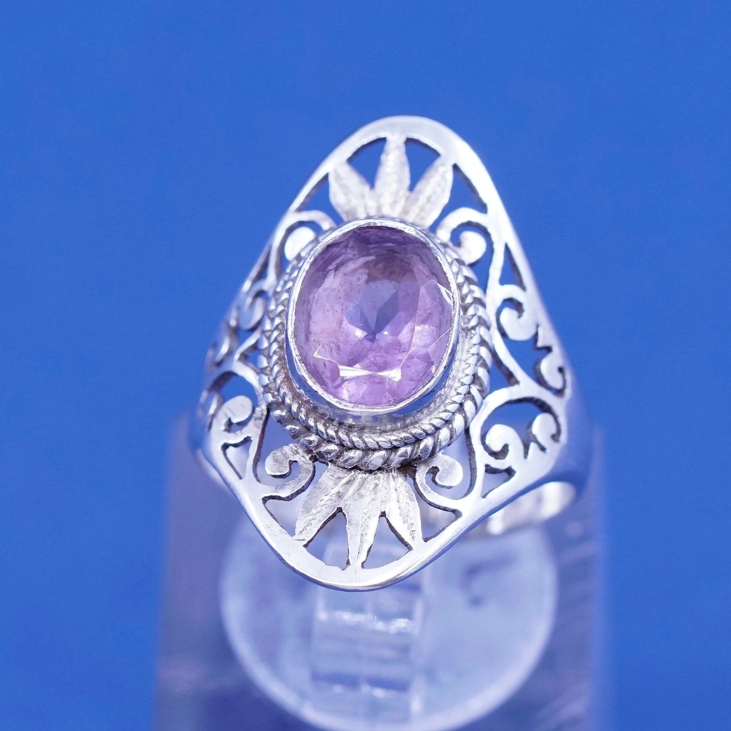 Size 6 Vintage Sterling 925 silver filigree handmade ring with amethyst