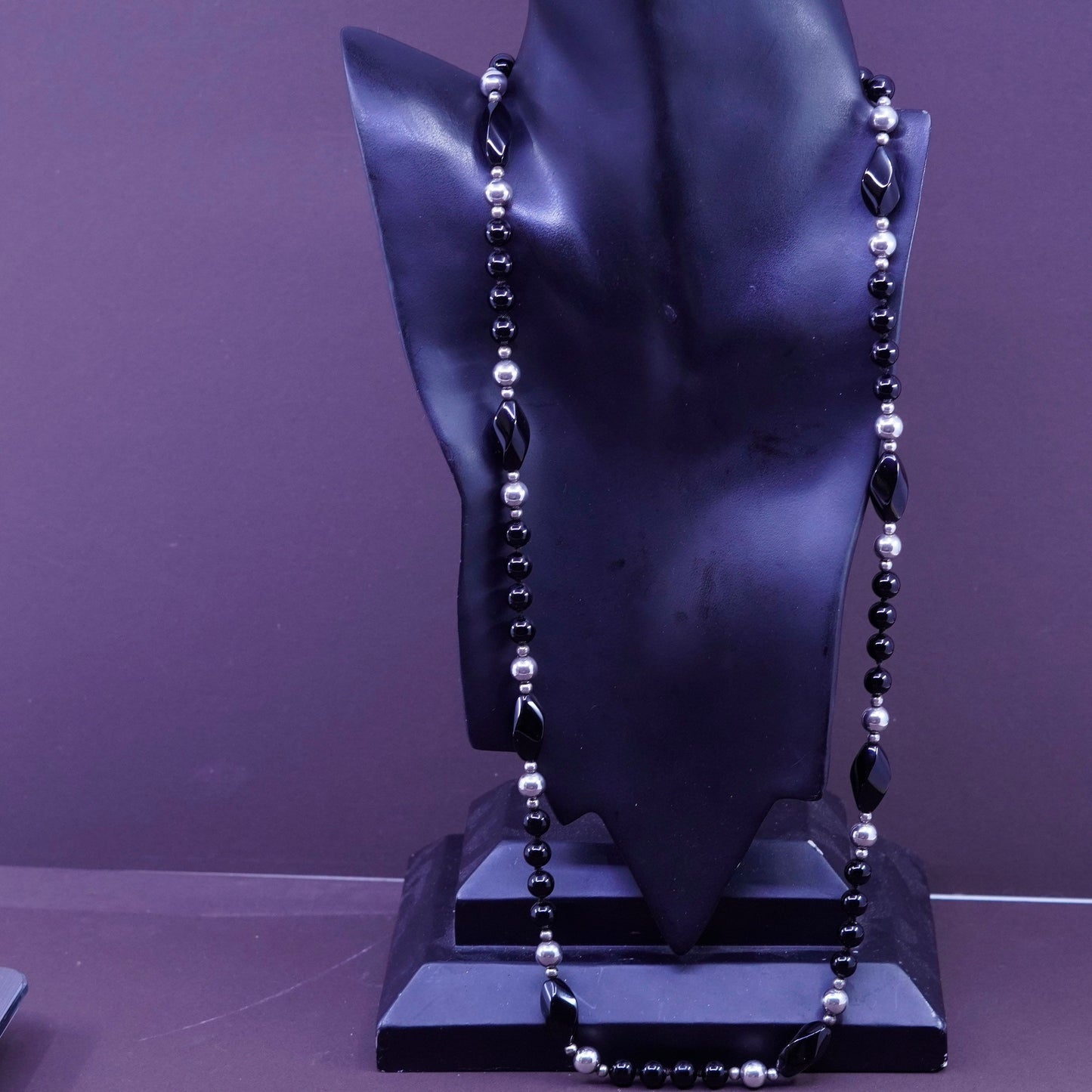 30” vintage sterling 925 silver handmade necklace with obsidian beads