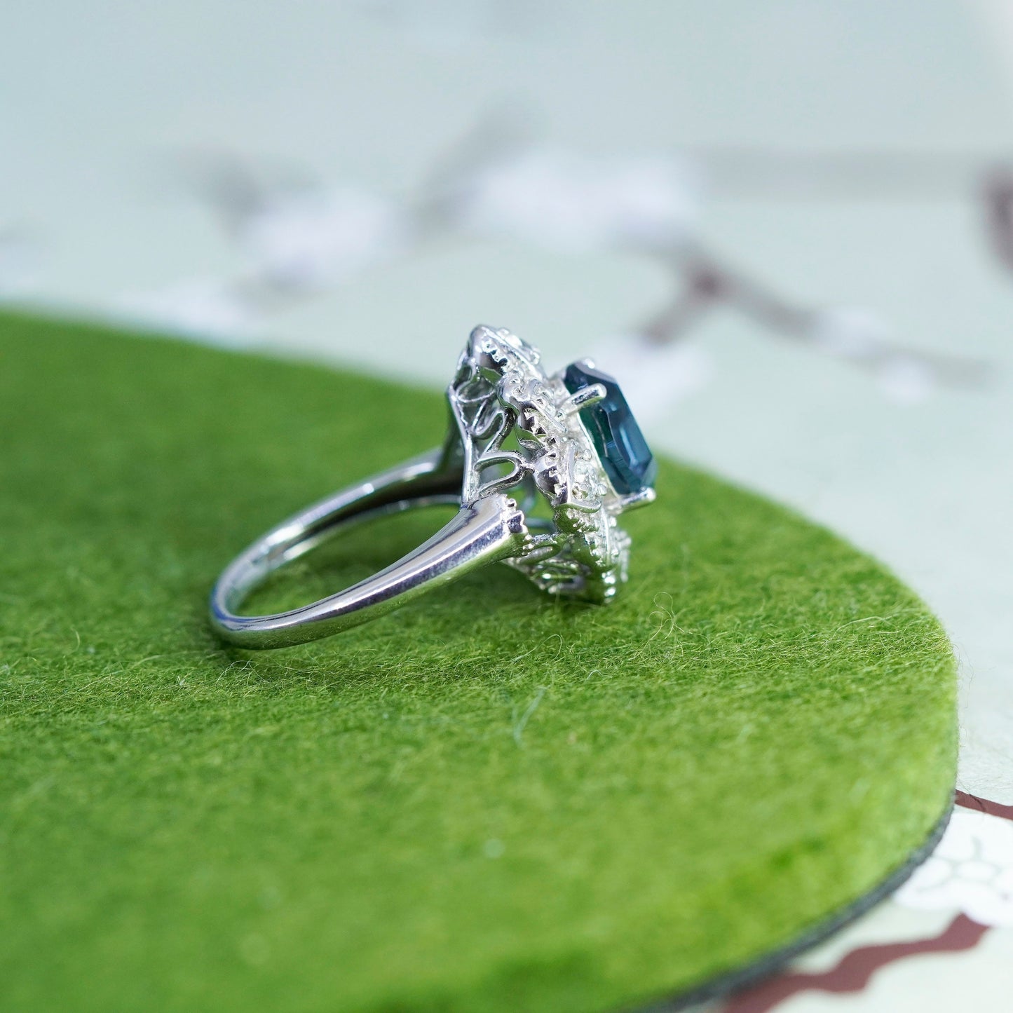 Size 7, vintage sterling 925 silver handmade ring with blue topaz and cz