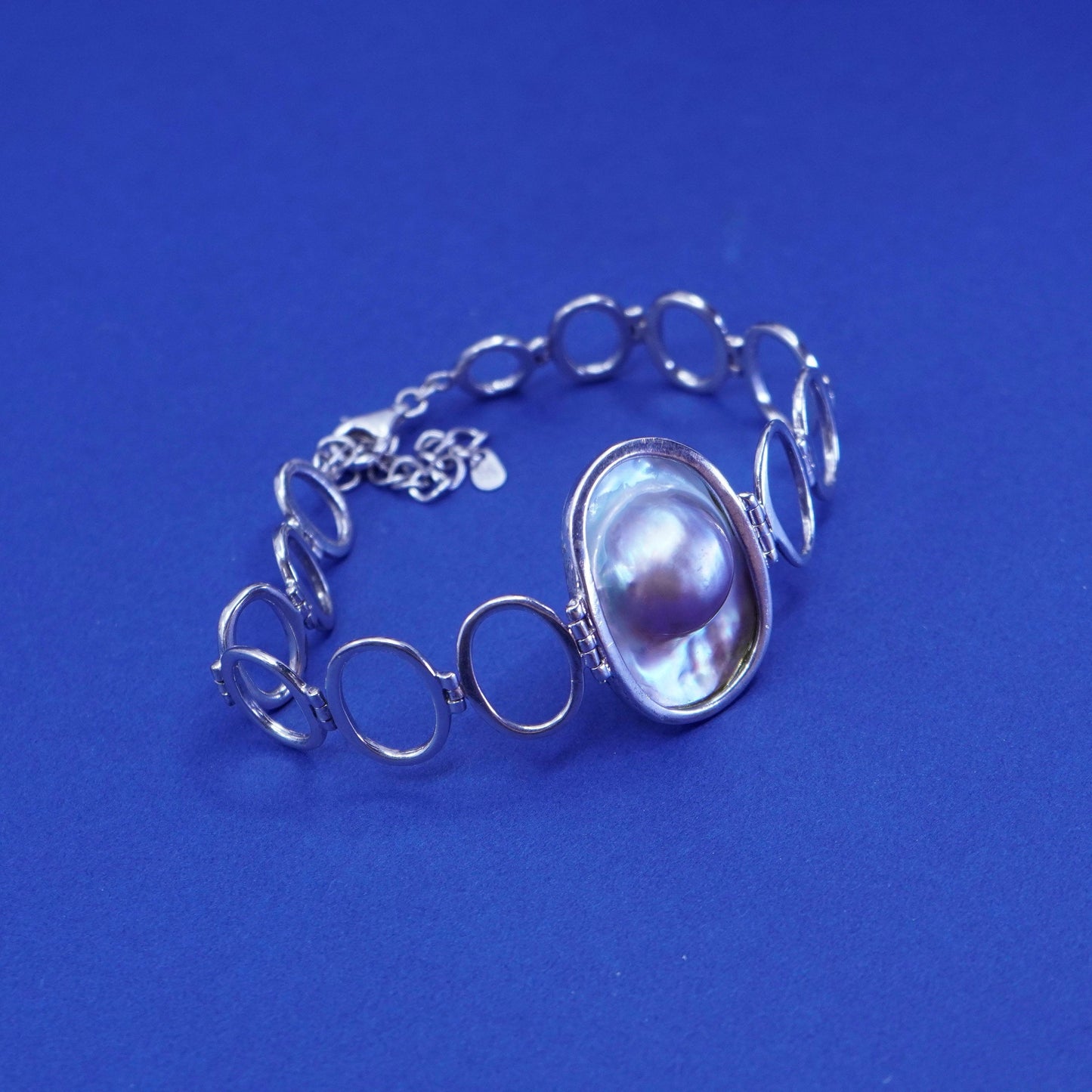 7.25+2”, vintage LUC Sterling silver handmade circle bracelet with blaster pearl